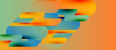 Soyut kompozisyon. Akışkan şekiller örtüşüyor, canlı renk değişimleri yaratıyor. Turuncu, deniz mavisi, yeşil renkler tasarımda baskın. Modern estetik.