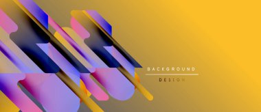 Soyut geometrik şekiller örtüşür, canlı gradyanlar yaratır. Sarı arka plan mor, pembe ve mavi elementleri tamamlar. Modern tasarım.