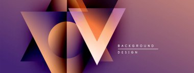 Soyut geometrik tasarım. Mor, turuncu renkler katmanlı üçgen şekiller yaratır. Minimalist metin arka plan tasarımı okur. Modern estetik.