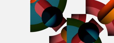 Üst üste binen daireler, eğriler ve eğriler içeren soyut bir kompozisyon. Renkler kırmızı, deniz mavisi, siyah, zeytin. Minimalist tasarım, modern estetik.