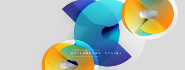 Soyut tasarım, canlı örtüşen daireler, gradyanlar içerir. Modern kompozisyon mavi, turuncu, sarı renkleri kullanır. Minimalist stil.