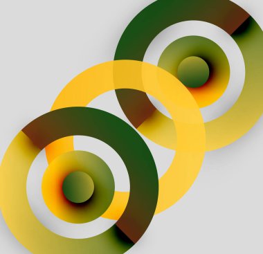 Soyut daireler üst üste binerek katmanlı görsel efekt yaratır. Renkler altın, yeşil, kahverengi, beyaz. Modern tasarım ögesi.
