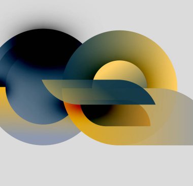 Soyut kompozisyon, üst üste binen daireler, gradyanlar. Renkler altın, donanma, gri. Minimalist tasarım akıcılığı ve bağlantıyı çağrıştırıyor.