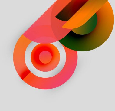 Soyut kompozisyon. Üst üste binen daireler, canlı renkler, modern tasarım. Gradyan gölgeler derinlik yaratır, görsel ilgi. Minimalist estetik.