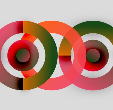 Soyut daireler çakışıyor, renkli gradyanlar yaratıyor. Tasarım kırmızı, turuncu, yeşil, pembe renklere sahiptir. Basit, modern estetik..