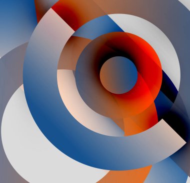 Soyut kompozisyon. Eşmerkezli daireler çakışıyor, dinamik görsel efekt yaratıyor. Sıcak, serin renkler karışır, karmaşık desenler oluşturur.