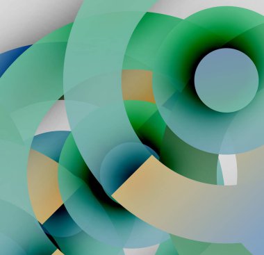 Soyut kompozisyon. Üst üste binen daireler dinamik görsel efekt yaratır. Yumuşak gradyanlar, havalı tonlar dizaynın hakimidir. Minimalist estetik.