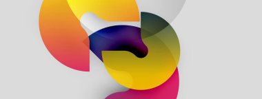 Soyut renkli şekiller örtüşür, dinamik bileşim yaratır. Yumuşak eğimler hareketi, ışık etkileşimini önerir. Modern tasarım ögesi.