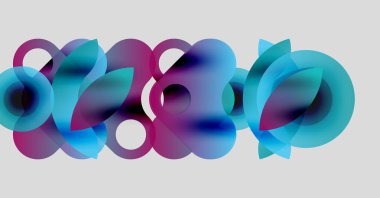 Üstüste binen şeffaf daireler içeren soyut bir kompozisyon. Renkler arasında maviler, morlar, pembeler, dinamik görsel etki yaratan.