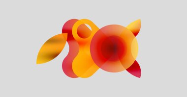 Soyut şekiller örtüşüyor, canlı turuncu ve kırmızı renkler yaratıyor. Yumuşak kıvrımlar hareketi, enerjiyi, modern tasarımı, estetiği akla getiriyor.