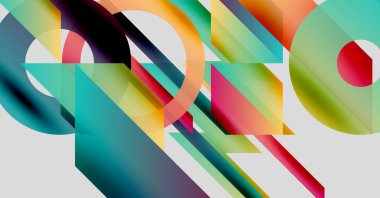 Soyut kompozisyon. Üst üste binen geometrik şekiller canlı renk değişimleri yaratır. Modern tasarım, formların dinamik etkileşimi, görsel uyum.