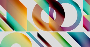 Soyut geometrik şekiller örtüşüyor, canlı renk eğimleri yaratıyor. Kompozisyon modern, dinamik ve görsel olarak ilginç..