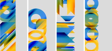 Soyut sanat eserleri renkli geometrik şekiller, kalın çizgiler, canlı renkler içerir. Kompozisyonda mavi, sarı ve turuncu renkler kullanılır. Modern tasarım.