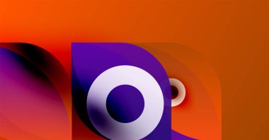 Soyut tasarım canlı turuncu, mor renkler içerir. Dairesel elementler dinamik bileşim yaratır, modern estetik..