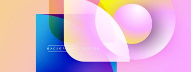 Soyut renkli şekiller örtüşür, dinamik görsel efekt yaratır. Şeftali, mavi, pembe renkler kompozisyona hakim. Modern tasarım ögesi.