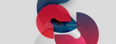 Soyut şekiller örtüşür, dinamik görsel etki yaratır. Kırmızı, mavi, gri tonlar kompozisyona hakim. Metin arkaplan tasarımı okur.