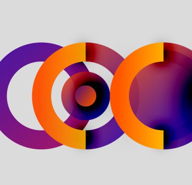 Soyut çemberler çakışıyor, canlı gradyanlar yaratıyor. Mor, turuncu renkler kompozisyona hakim. Modern tasarım, basit şekiller.