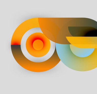 Soyut grafik tasarım katmanlı daireler, kıvrımlar, canlı turuncu, sarı, mavi renkler içerir. Modern, minimalist estetik. Yumuşak gradyanlar.