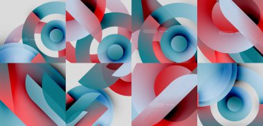 Soyut tasarımlarda üst üste binen daireler ve eğriler var. Renkler arasında kırmızı, mavi, deniz mavisi var. Modern estetik, geometrik şekiller mevcut.