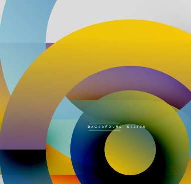 Soyut geometrik bileşim. Üst üste binen daireler, kareler renkli bir zemin oluşturur. Modern tasarım elemanları.