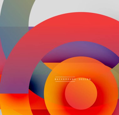 Soyut renkli tasarım. Üst üste binen daireler, dikdörtgenler dinamik bileşim oluşturur. Gradyan gölgeler görsel ilgi sunar. Modern estetik.