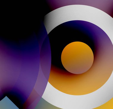 Soyut daireler örtüşüyor, canlı renk eğimleri yaratıyor. Mor, turuncu, beyaz baskın kompozisyon. Düz geçişler şekilleri tanımlar.