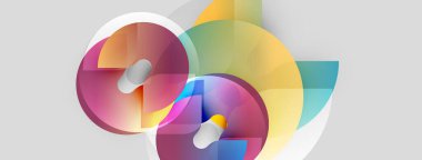 Soyut renkli şekiller örtüşür, dinamik bileşim yaratır. Yumuşak eğimler, yuvarlak biçimler hareketi, ışık etkileşimini önerir..