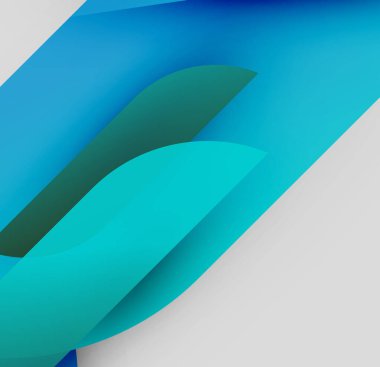 Soyut kompozisyon. Üst üste binen mavi, deniz mavisi, yeşil şekiller dinamik görsel efekt yaratır. Minimalist tasarım, pürüzsüz gradyanlar.