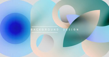 Soyut şekiller örtüşür, yumuşak renk değişimleri yaratır. Arka planda mavi, deniz mavisi, şeftali rengi var. Minimalist tasarım, modern estetik.