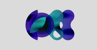 Soyut şekiller üst üste binerek sıvı formları oluşturur. Renkler açık gri arkaplana göre koyu mordan gri renge kadar değişebiliyor. Modern tasarım.