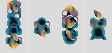 Soyut şekiller örtüşür, renkli kompozisyonlar yaratır. Gradyan renkler karışır, sıvı görsel desenler oluşturur. Minimalist tasarım, modern estetik.