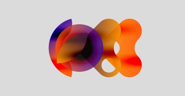 Soyut renkli şekiller örtüşür, dinamik görsel efekt yaratır. Mor aksanlı, sıcak tonlarda baskın. Açık gri arkaplanda minimalist tasarım.