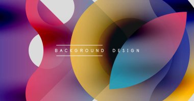 Soyut renkli örtüşen şekiller dinamik arkaplan oluşturur. Modern tasarım gradyanlar, kıvrımlar, canlı renkler içerir.