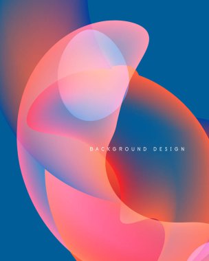 Soyut sıvı şekiller harmanlanarak canlı renk değişimleri yaratır. Mavi arka plan pembe ve turuncu renkleri tamamlıyor. Modern tasarım ögesi.