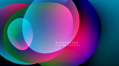 Canlı örtüşen daireler soyut kompozisyon oluşturur. Renkler harmanlanır, karanlık zemine karşı gradyan oluşturur. Modern tasarım ögesi.