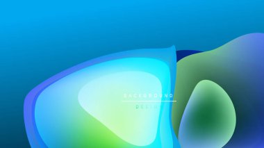 Soyut akışkan şekiller harmanlanır, canlı mavi, yeşil gradyanlar oluşturur. Arkaplanda yumuşak parıltı, modern tasarım elementleri var.