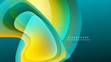 Soyut sıvı şekilleri harmanlanır, canlı sarı, yeşil, turkuaz gradyanlar oluşturur. Koyu arkaplan akıcı tasarım elemanlarını vurgular.