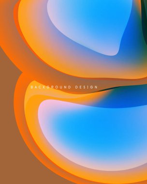 Soyut sıvı şekilleri örtüşür ve canlı renk değişimleri yaratır. Turuncu, mavi renkler tasarıma hakim, pürüzsüz geçişler sunuyor. Modern estetik.