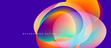 Soyut canlı tasarım, üst üste binen renkli daireler. Mor arka plan turuncu, pembe ve mavi renkleri tamamlar. Modern estetik.