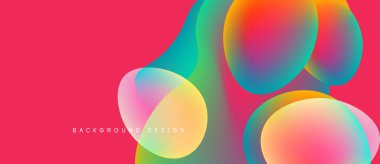 Soyut renkli şekiller canlı pembe arka planda örtüşür. Modern tasarım, sıvı formlar dinamik görsel etki yaratır.