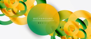 Soyut tasarım özellikleri üst üste binen daireler, gradyanlar. Sarı, yeşil renkler dinamik görsel efekt yaratır. Modern arkaplan ögesi.