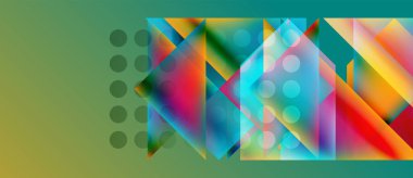 Soyut geometrik bileşim. Canlı renkler karışıyor, dinamik görsel deneyim yaratıyor. Çemberler, üçgenler çakışıyor, karmaşık desen oluşturuyor.