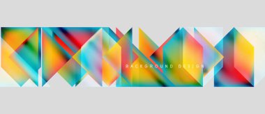 Soyut geometrik şekiller, canlı renkler, modern tasarım. Arkaplanda dinamik üçgenler, gradyanlar, metin örtüsü.