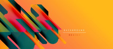 Soyut geometrik şekiller örtüşüyor, dinamik turuncu, yeşil, kırmızı gradyanlar oluşturuyor. Metin elementli minimalist tasarım. Modern estetik.