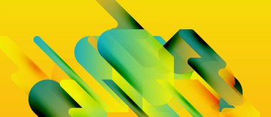 Soyut kompozisyon. Parlak sarı arka plan, üst üste binen yeşil, turuncu şekiller. Modern tasarım, dinamik çizgiler görsel ilgi yaratır.