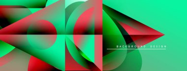 Soyut geometrik şekiller örtüşüyor, canlı yeşil, kırmızı gradyanlar yaratıyor. Modern tasarım elementleri dinamik bileşim, parlak estetik.