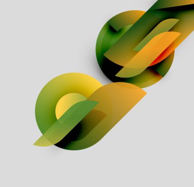 Soyut şekiller örtüşür, dinamik bileşim yaratır. Sarılar, yeşiller, portakallar gri arka planda yavaşça harmanlanır. Modern tasarım ögesi.