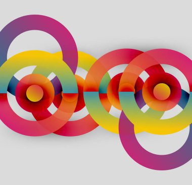 Renkli üst üste binen daireler soyut tasarım yaratır. Parlak eğilimler, pürüzsüz geçişler, modern estetik. Basit şekiller, canlı renkler..