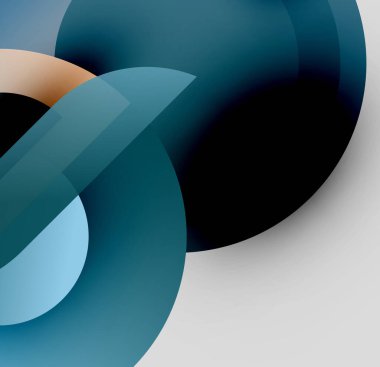 Üst üste binen daireler, gradyanlar içeren soyut kompozisyon. Teal, gri, bej renkler modern görsel efekt yaratır. Minimalist tasarım.