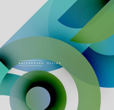 Soyut tasarım özellikleri üst üste binen daireler, kıvrımlar. Mavi, yeşil renkler kompozisyona hakim. Modern estetik, temiz çizgiler sunar.